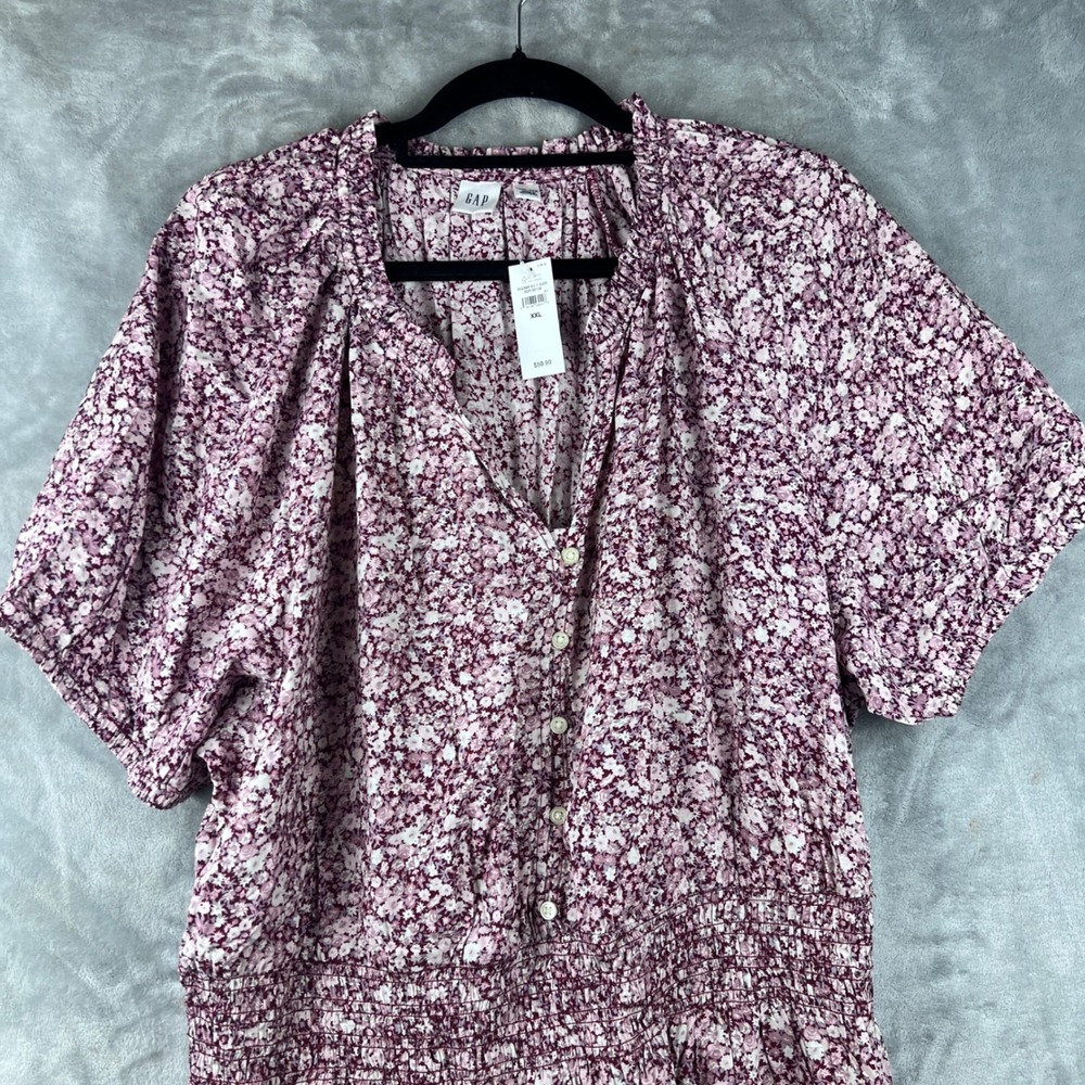 Gap Floral Dress Smocked Waist Midi Purple White Button Front‎ XXL New - Picture 3 of 11